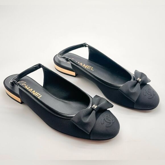 CHANEL Shoes - Chanel 2024 CC Logo Black Bow Grosgrain Slingback Ballerina Flats EU 37